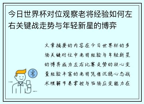 今日世界杯对位观察老将经验如何左右关键战走势与年轻新星的博弈