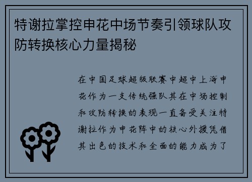 特谢拉掌控申花中场节奏引领球队攻防转换核心力量揭秘