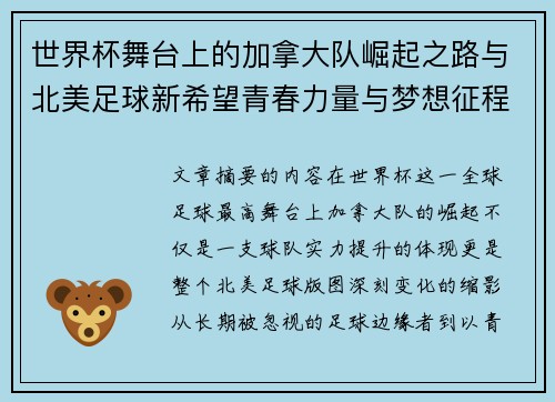 世界杯舞台上的加拿大队崛起之路与北美足球新希望青春力量与梦想征程